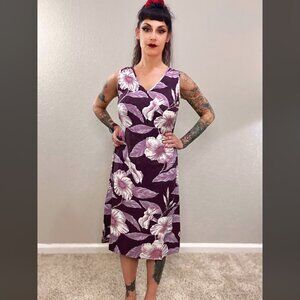 90s Vintage Island Tropics Hawaiian Purple White Tiki Dress Floral Sheath 10
